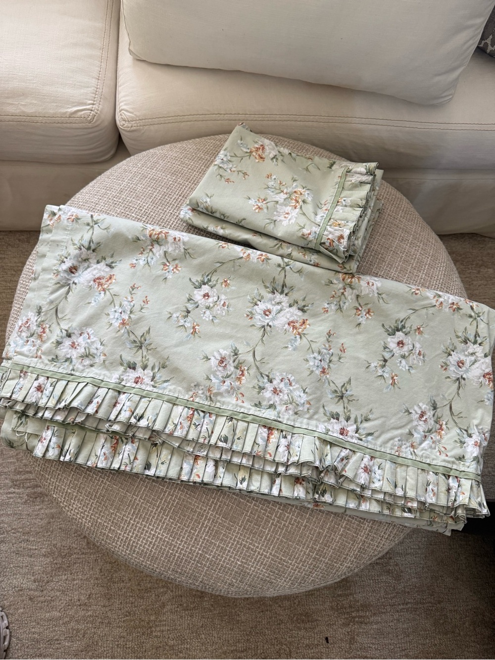 Vintage Waverly king size Floral Ruffled Pillow Shams and top sheet- Sage Green